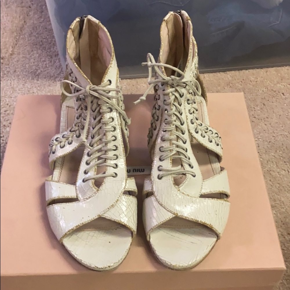 Miu Miu Ivory Lace-Up Leather Sandals Designer Shoes